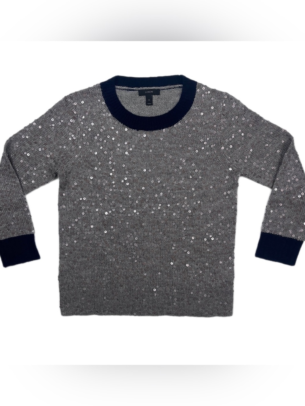 J. Crew Gray Sequin Wool Mohair Blend Crewneck Sweater with Navy Trim Womens S